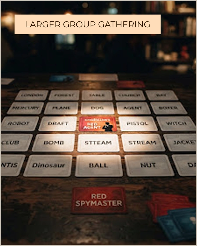 A grid of word cards layout on a table during a match of the Codenames party board game