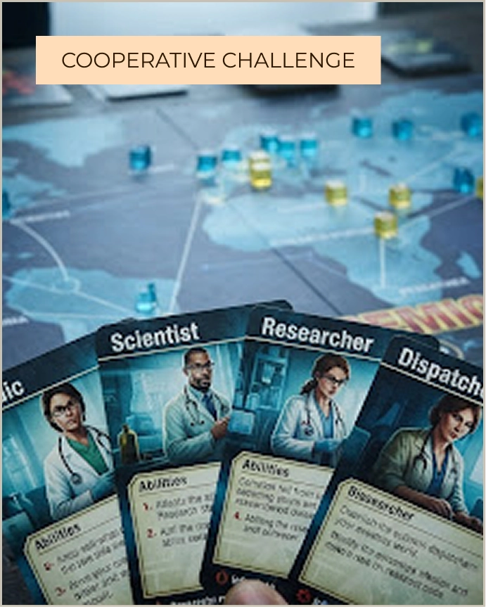 Hand holding character role cards like Scientist and Researcher over the Pandemic board game map