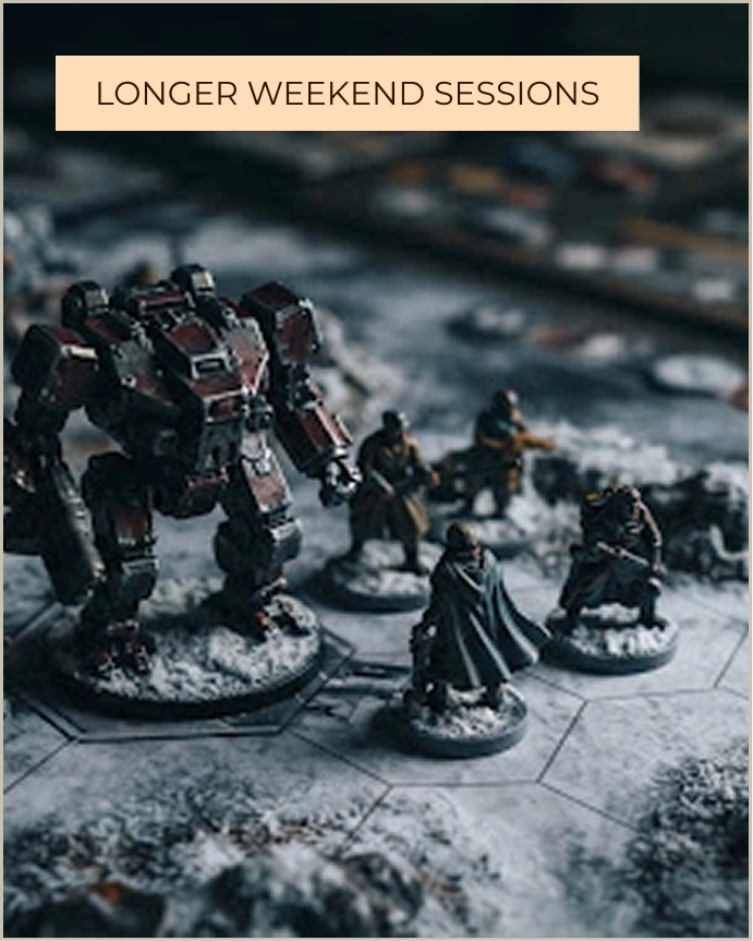 Detailed tabletop game miniatures including a heavy combat mech and soldier figures on a snow-themed hex map