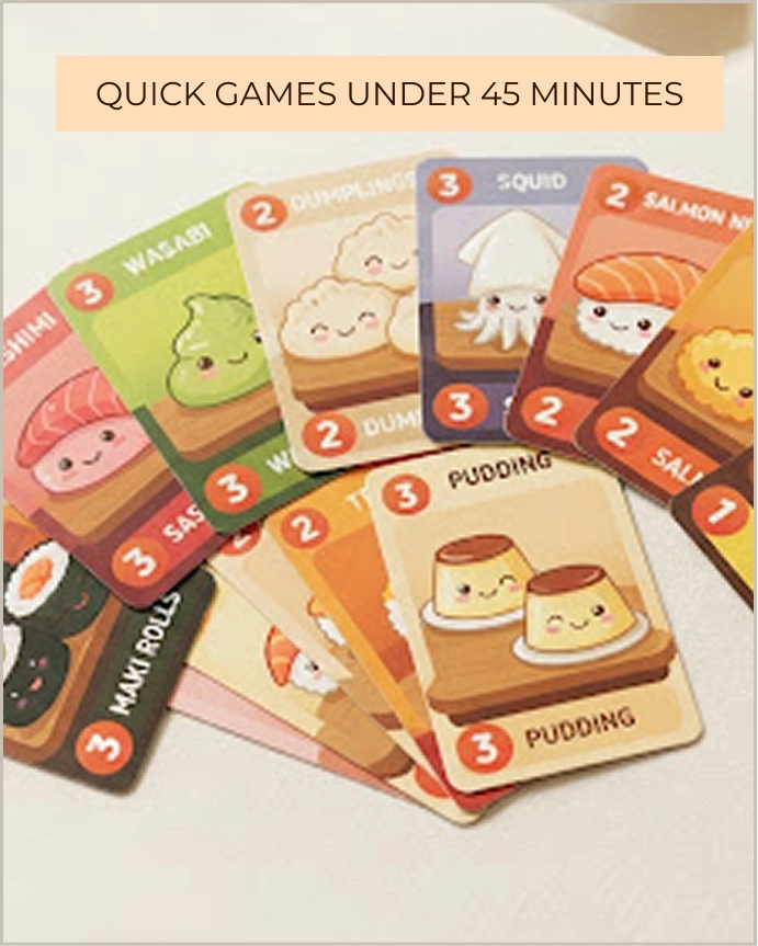 A fan of colorful cartoon sushi cards including pudding, wasabi, and maki rolls from the Sushi Go board game